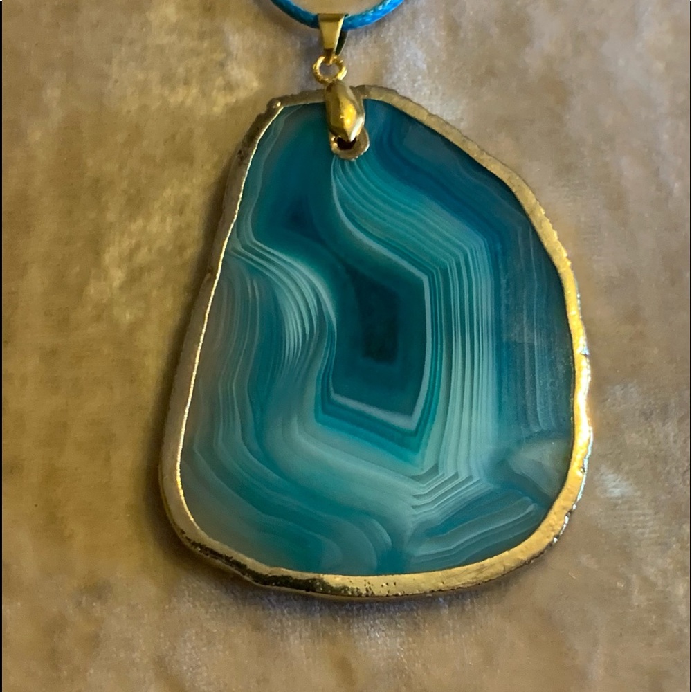 Extra Large Turquoise and White Agate Pendant Matching Blue Wax Cord Necklace